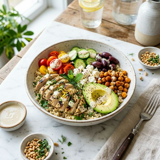 Buddha bowl mediterráneo moderno: quinoa, pollo a la plancha, tomates cherry, aceitunas Kalamata, garbanzos tostados, aguacate y salsa tahini