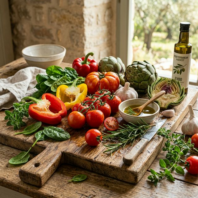 Verduras y hierbas mediterráneas antioxidantes: pimientos, tomates, espinacas, alcachofas, ajo, aceite de oliva y romero