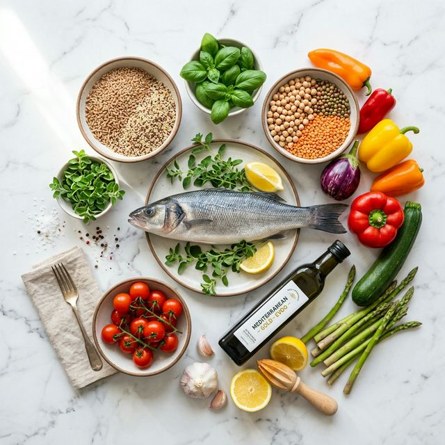 Vista cenital de ingredientes clave de la dieta mediterránea: aceite de oliva, tomates, ajo, hierbas frescas, pescado, legumbres y verduras coloridas