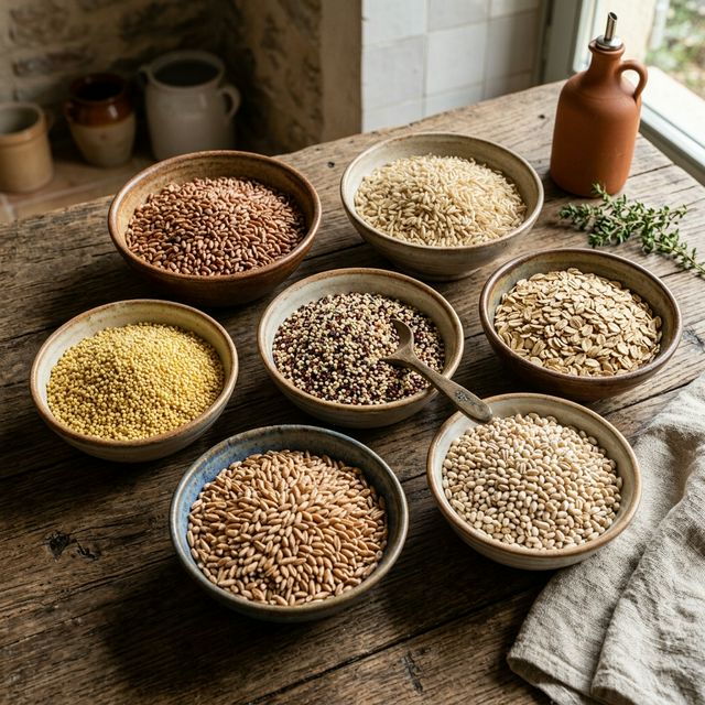 Variedad de cereales integrales en cuencos: trigo integral, arroz integral, avena, quinoa, cebada y espelta sobre mesa rústica