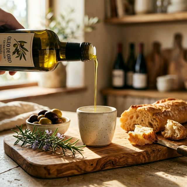 Aceite de oliva virgen extra sirviendo en taza de cata sobre tabla de madera de olivo con aceitunas, romero y pan crujiente