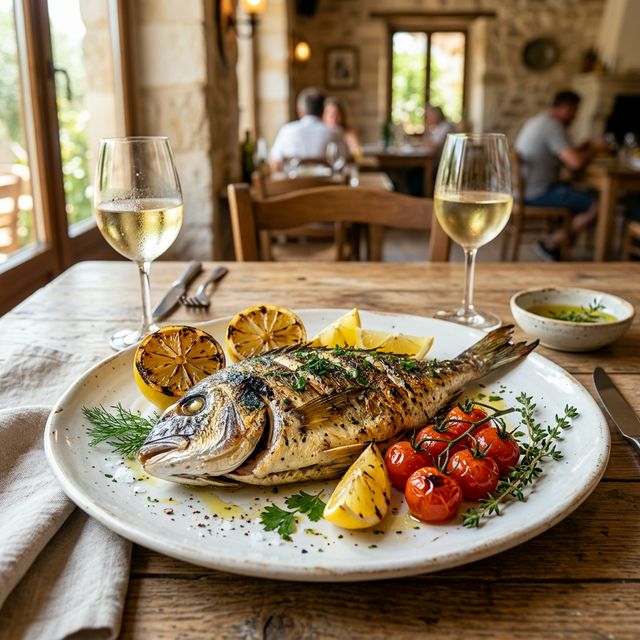 Dorada a la sal con limón y hierbas mediterráneas servida en plato de cerámica española tradicional
