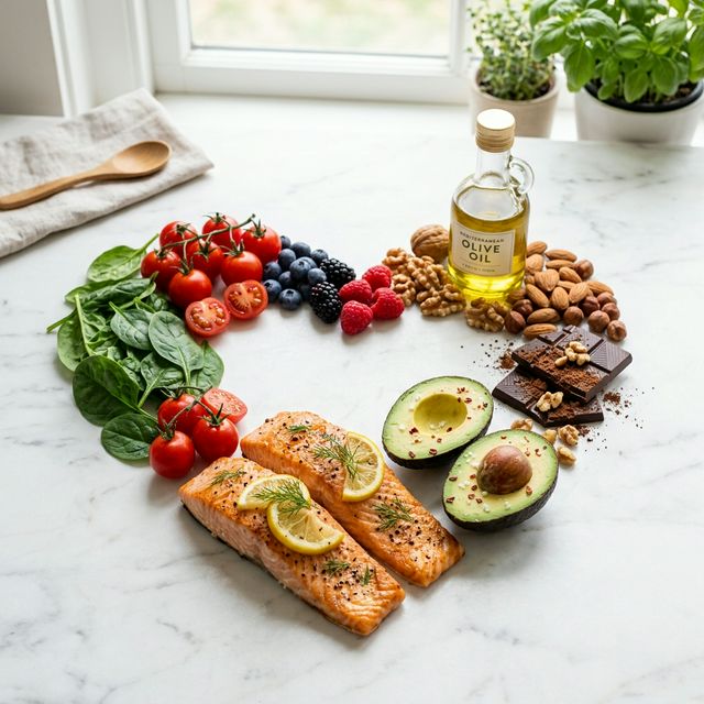 Alimentos cardiosaludables mediterráneos dispuestos en forma de corazón: salmón, aguacate, aceite de oliva, frutos secos, bayas y espinacas