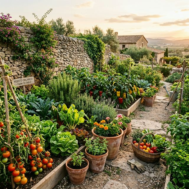 Huerto mediterráneo orgánico con tomates, lechugas, hierbas y pimientos en macetas de terracota al atardecer